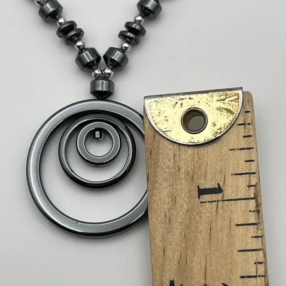 Beaded Tri Circle Pendant Necklace in Metallic Black Gray 17.5